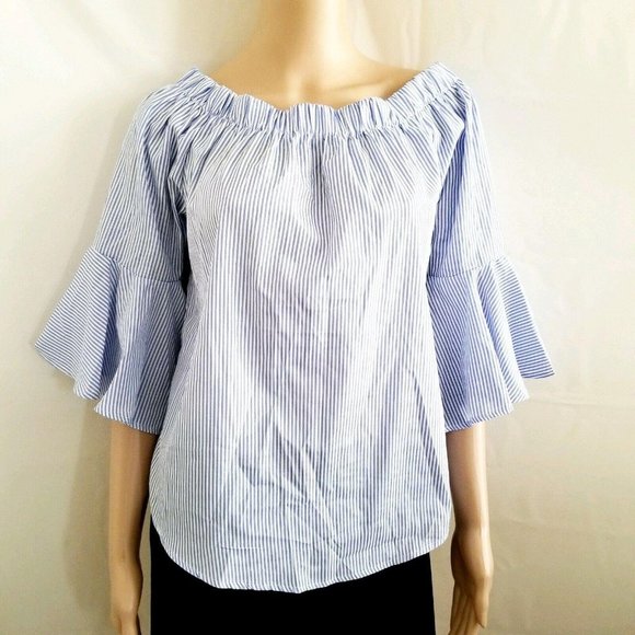 Kontrol Contemporary Blue & White Stripe Off-Shoulder 3/4 Sleeve Blouse Medium - Picture 5 of 13